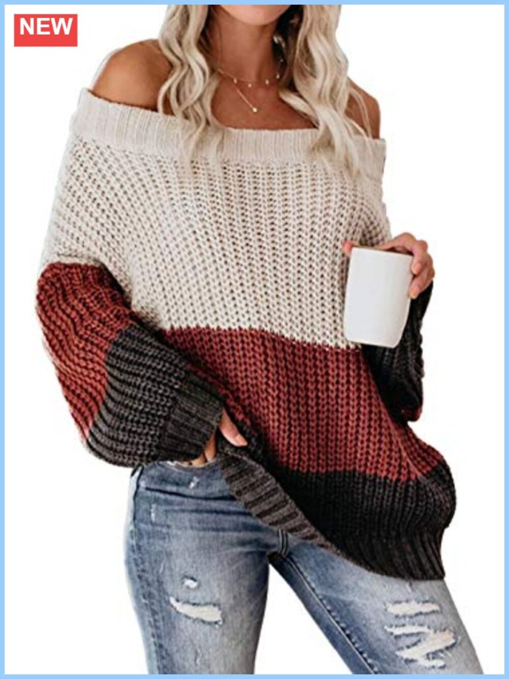 Off Shoulder Color Block Sweater Oversized Pullover Chunky Knit